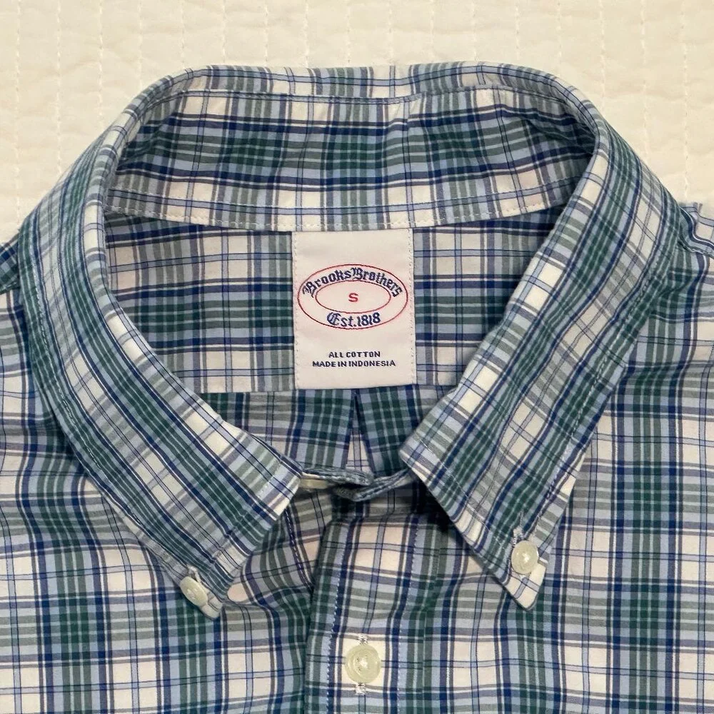 Brooks Brothers Blue Green White Plaid Button Down Shirt Mens Size S
